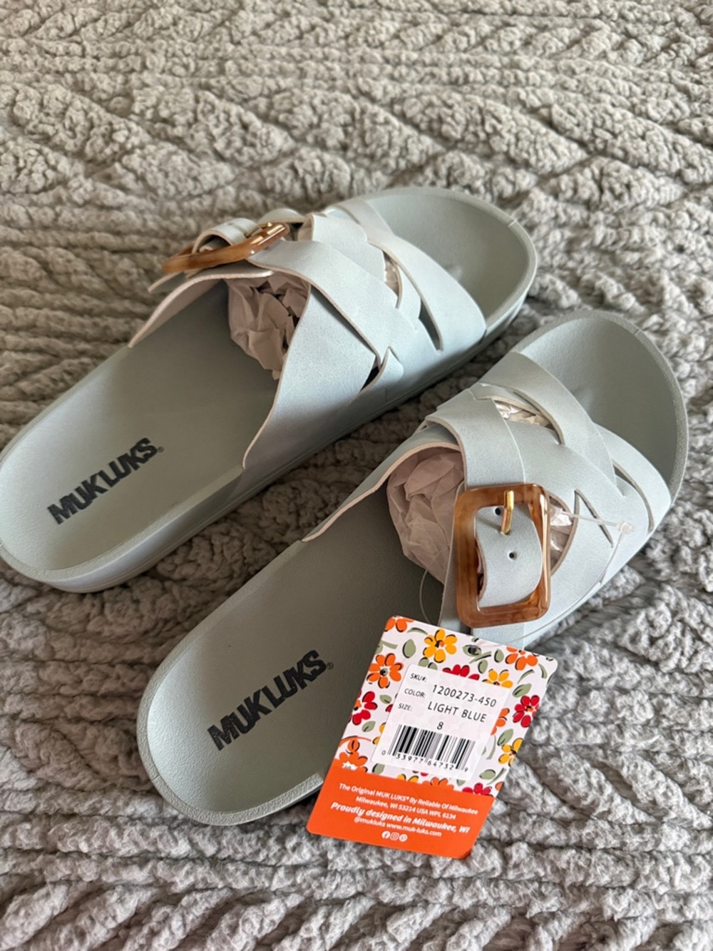 Muk Luks Light Blue Slide Sandals with Tortoiseshell Buckle